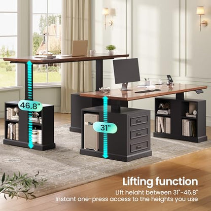 63" Farmhouse Electric Standing Desk with 3 Drawers, Storage Shelves, view 4