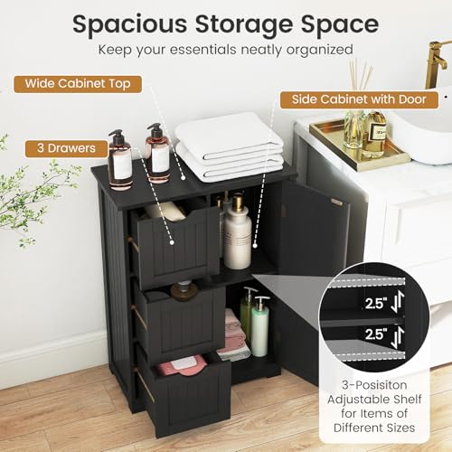 Bathroom Floor Cabinet, Wooden Storage Cabinet with 1 Door & 3 Drawer, Free Standing Entryway Cupboard, Space Saver Cabinet