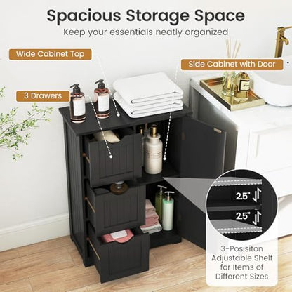 Bathroom Floor Cabinet, Wooden Storage Cabinet with 1 Door & 3 Drawer, Free Standing Entryway Cupboard, Space Saver Cabinet
