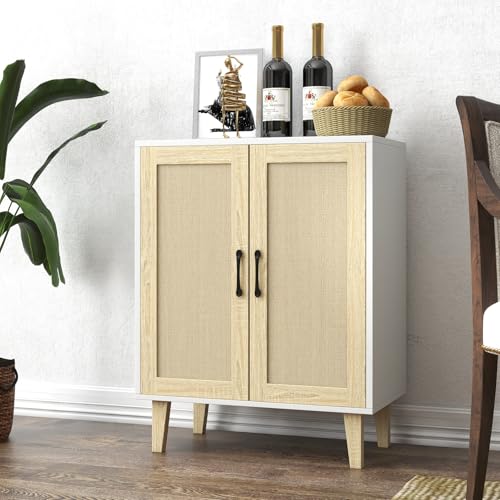 Buffet Cabinet Sideboard with Rattan Decorated Doors Kitchen Storage Cupboard Accent Cabinet (White)