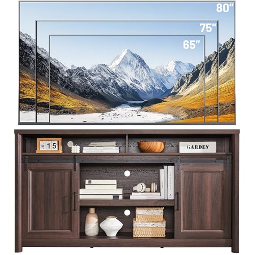 Farmhouse TV Stand for Living Room, Entertainment Center with Storage, Walnut TV Console for Bedroom, Media Storage Cabinet with Sliding Barn Doors & Adjustable Shelves, Fits 80 Inch TV, Rustic Wood