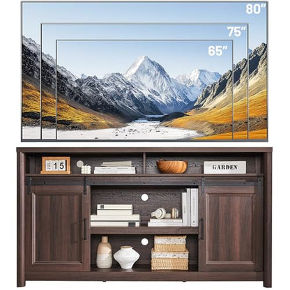 Farmhouse TV Stand for Living Room, Entertainment Center with Storage, Walnut TV Console for Bedroom, Media Storage Cabinet with Sliding Barn Doors & Adjustable Shelves, Fits 80 Inch TV, Rustic Wood