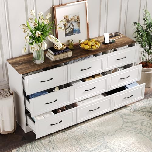 Dresser for Bedroom, 9 Drawer Wide Dresser Organizer with Charging Station, view 2