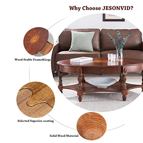 Solid Wood Oval Coffee Table with Drawer and Storage Shelf, Traditional Vintage Center Table Polished Edging Cocktail Tea Table for Living Room Bedroom Home, Cherry Walnut