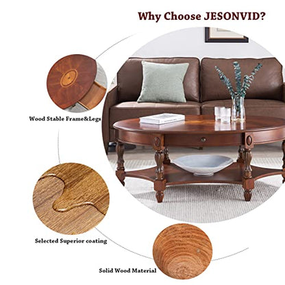 Solid Wood Oval Coffee Table with Drawer and Storage Shelf, Traditional Vintage Center Table Polished Edging Cocktail Tea Table for Living Room Bedroom Home, Cherry Walnut