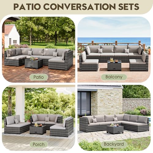 7 Piece Patio Outdoor Furniture Set, Outdoor Sectional, All-Weather Hand-Woven Wicker Patio Sectional Sofa, Rattan Outside Furniture with Grey Cushion and Glass Coffee Table