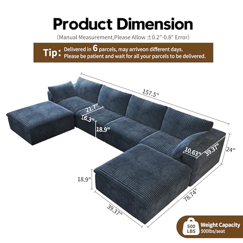 157.5" U Shaped Modern Sofa Modular Sectional Cloud Couch with 2 Ottoman,Deep Seat Upholstered Couches with Corduroy Fabric for Living Room Furniture,Bedroom and Apartment,No Assembly Required,Blue