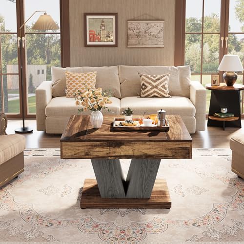 Tribesigns Square Coffee Table, Wood Center Table for Living Room, 31.5" Modern Cocktail Tea Accent Table, Rustic Brown & Black