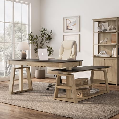 L Shaped Standing Desk Ark EX, 60in Executive Adjustable Height Office Desk with Drawers,Computer Desk with Storage, Modern Executive Home Office,Oak Grey