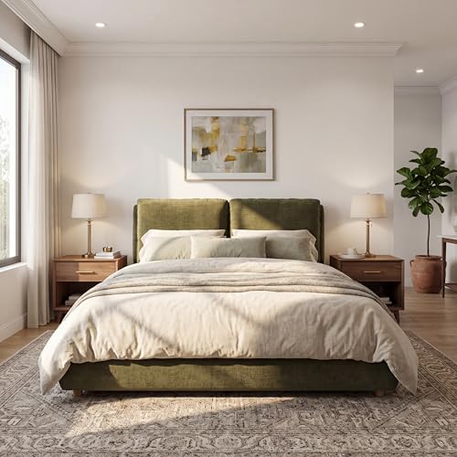 Queen Linen Blend Platform Bed with 2 Headboard Pillows, Olive Green, view 4