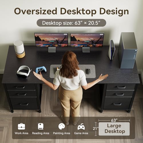 63 inch Computer Desk with File Drawers Cabinet, Modern Office Desk with Large Storage for Home Office, Study, Gaming, Black