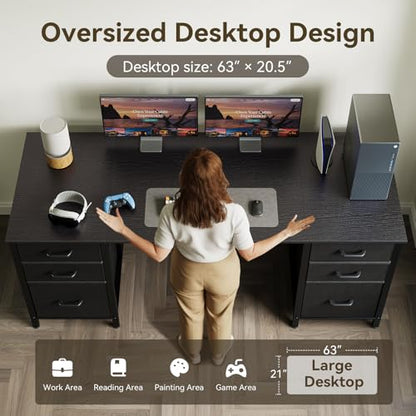 63 inch Computer Desk with File Drawers Cabinet, Modern Office Desk with Large Storage for Home Office, Study, Gaming, Black