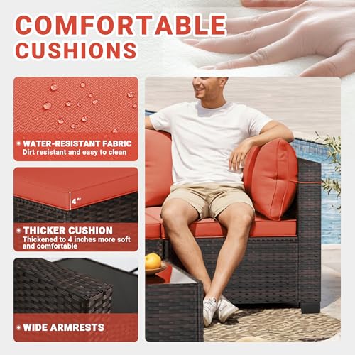 7-Piece Outdoor Patio Furniture Sets, Manual Weaving Rattan Conversation Sectional Sofa with Tempered Glass Coffee Table, All-Weather PE Wicker & Thick Cushions for Garden, Backyard, Porch