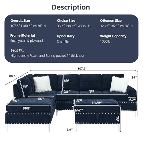 Living Room Furniture Sets, L-Shape Sectional 5-Seater Sofa with Extra Wide Reversible Chaise, Storage Ottoman and Cup Holders and Copper Nails, 2 Pillows, Navy Blue