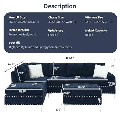Living Room Furniture Sets, L-Shape Sectional 5-Seater Sofa with Extra Wide Reversible Chaise, Storage Ottoman and Cup Holders and Copper Nails, 2 Pillows, Navy Blue
