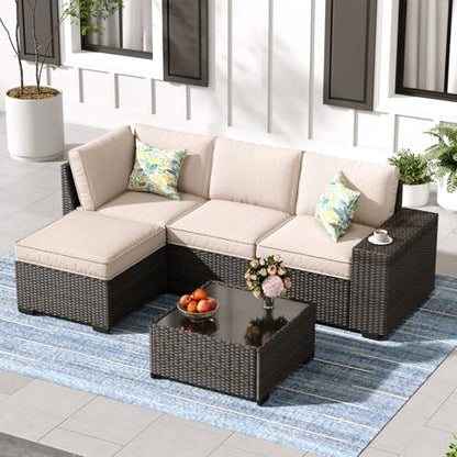 5-Piece Patio Furniture Set, All-Weather Outdoor Wicker Sectional Sofa with Cushions, Tempered Glass Table & Ottoman, Rattan Conversation Seating for Porch, Garden, Backyard,Beige
