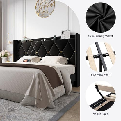 King Size Bed Frame with Storage Headboard & Smart Charging Station, view 7