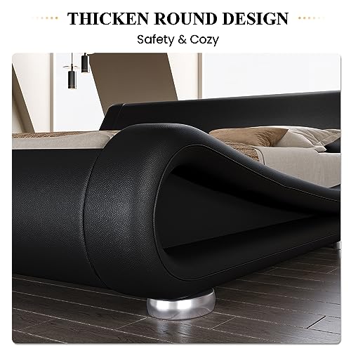 Queen Size Sleigh Bed Frame, Low Profile, Faux Leather, Black, view 7