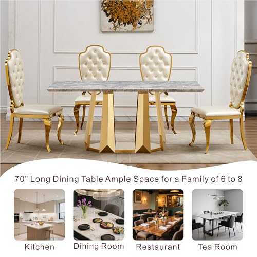 Marble Dining Table for 6 People, 70'' Rectangle Faux Marble Dining Table with Mirrored Stainless Steel Base, Large Size Marble Kitchen Table (Gold,Gray)(only Table)