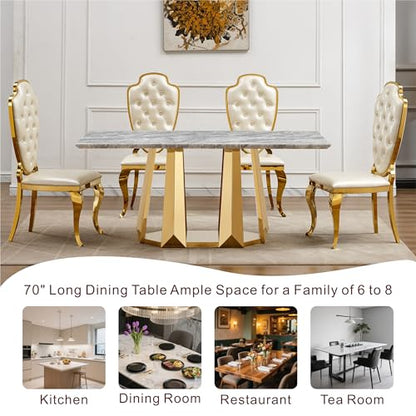 Marble Dining Table for 6 People, 70'' Rectangle Faux Marble Dining Table with Mirrored Stainless Steel Base, Large Size Marble Kitchen Table (Gold,Gray)(only Table)
