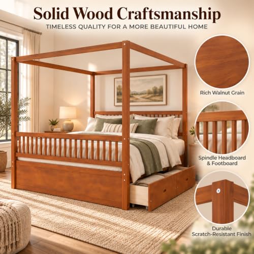 Mid Century Queen Size Wood Canopy Bed Frame, Walnut Posters Platform Beds, view 9