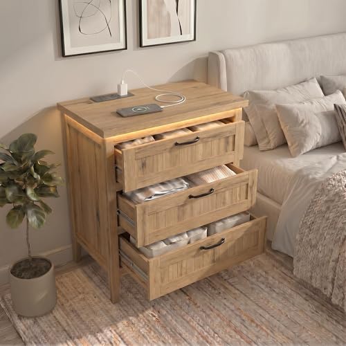 3 Dresser Drawer for Bedroom, 27.6" Wide Wood Bedside Table for Bedroom, Modern Farmhouse Night Stand with Smart RGB Light Strip, Power Outlet, Metal Slides, Anti-Tip Kit, Wood