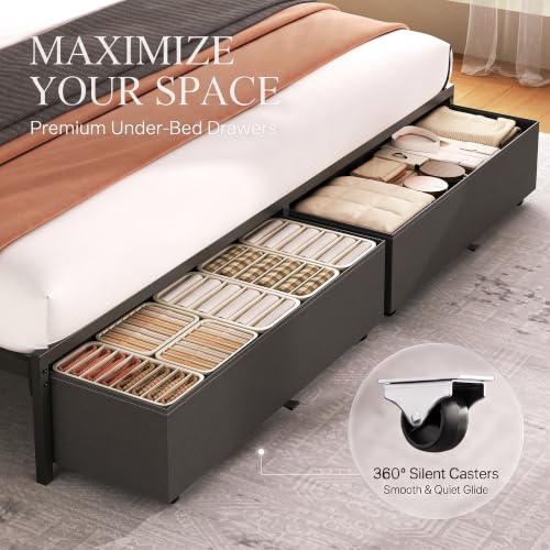 King Bed Frame with Storage Drawers and Charging Station, Grey, view 5