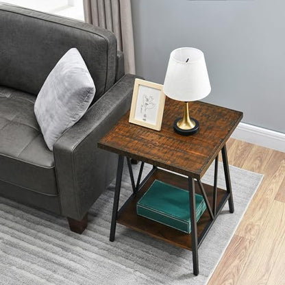2 Tier Square Industrial End Table, Wooden Bedside Table with Saw Marks Top and Black Metal Legs, Sofa Side Table for Living Room, Bedroom, Office, Waiting Room, Dark Walnut, 20x20x24in