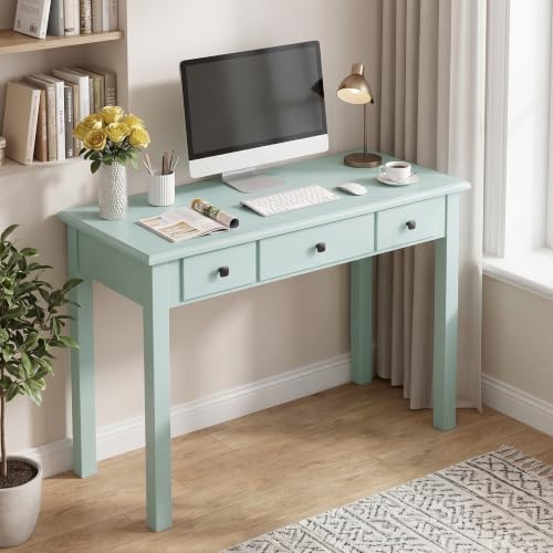 35" Small Green Writing Desk with Drawers, Wood Vanity Table No Mirror, view 2
