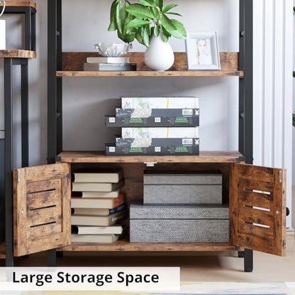 4 Tier Ladder Bookcase with Louvered Doors Rustic Brown | Bookshelf; Ladder Shelf;bottom cabinet; anti tip kit; for Bedroom Living Room Home Office