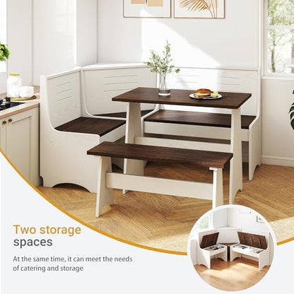 Breakfast Nook Set 3-4 Seat L-Shaped with Hidden Storage - Space Saving Corner Kitchen Dining Table & Bench Set - Farmhouse Family Home White Brown Wood