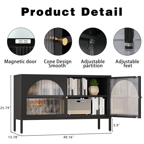 Metal Locker TV Stand, Accent Storage Cabinet with 2 Acrylic Doors, Low Hallway Cabinet with Adjustable Shelf, Sideboard for Home,Office,Entryway,Dining/Living Room,Bedroom,Black