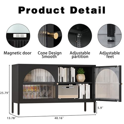 Metal Locker TV Stand, Accent Storage Cabinet with 2 Acrylic Doors, Low Hallway Cabinet with Adjustable Shelf, Sideboard for Home,Office,Entryway,Dining/Living Room,Bedroom,Black