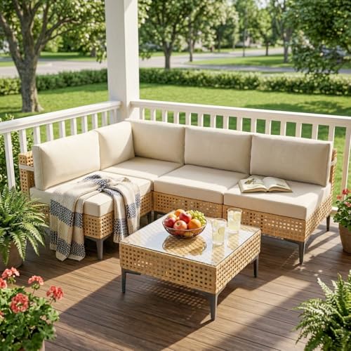 Outdoor Sectional 5 Piece Modular Patio Furniture Set Free Combination Outdoor Couch with Thick Cushion All Weather Wicker Patio Conversation Sets for Backyard, Deck, Poolside