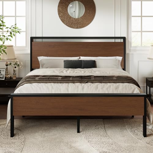 Full Size Bed Frame, Heavy Duty 12 Metal Slats Support, Walnut, view 2