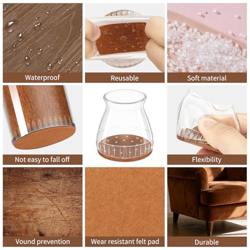 Chair Leg Floor Protectors, 24 Pack Silicone Furniture Pads for Hardwood Floors, Anti-Scratch Furniture Sliders Felt Pads, Noise-Reducing Chair Feet Covers, Table Legs Fit Sizes to(0.91" to 1.28")