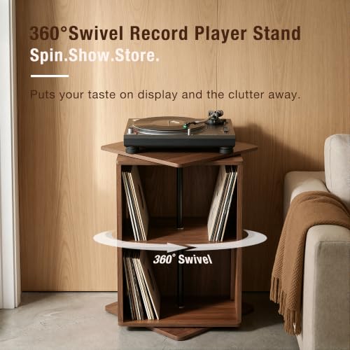 Swivel Record Player Stand with Storage Cabinet & Cover Holder, view 5