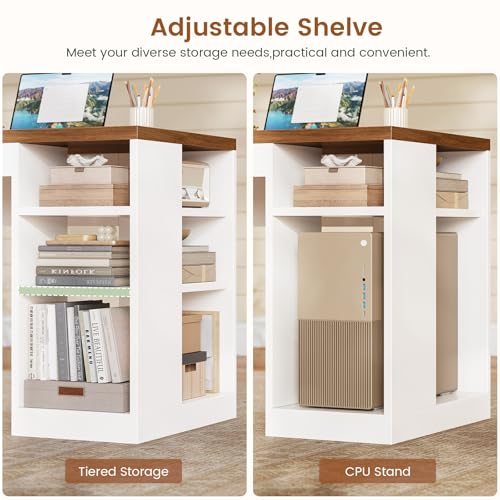 L Shaped Desk with 2 Drawers, 65"x 59" Large Home Office Desk with Lockable File Drawer & Power Strip, Corner Desk with Storage & LED Strip, White + Brown