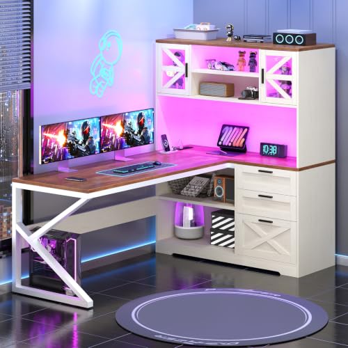 59” Farmhouse L Shaped Desk with Drawers, Storage Shelves for Home Office, view 4