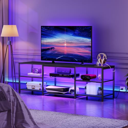 LED TV Stand for 75 Inch TVs with Charging Station, Gaming Entertainment Center with 3-Tier Open Storage, Long 63” Media TV Console Table, TV Stand for Living Room, Bedroom, Black BB21UDDS01