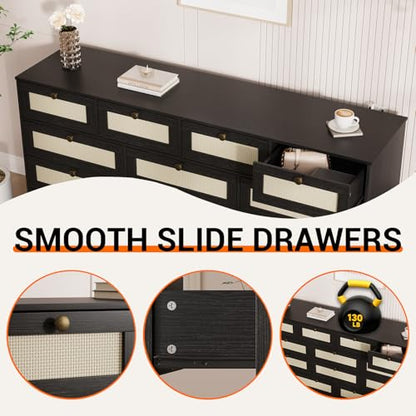 GAOMON Wooden Dressers for Bedroom with 12 Drawers, 61" Wide TV Stand Dresser for 65 inch TV, Rattan Chest of Drawers for Living Room, Hallway, Modern Wood Closet Dressers for Adult Room