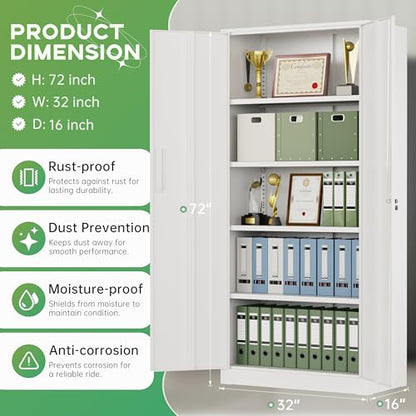 Metal Storage Cabinet, 72" H Lockable Steel Cabinets with Locking Doors, Storage Locker with Adjustable Shelves for Office, Home, Garage, Gym, School (White)