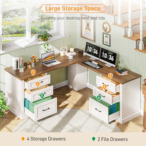 Farmhouse 59" L-Shaped Executive Desk with File Drawer,Unique White, view 6