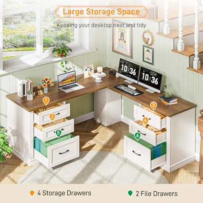 Farmhouse 59" L-Shaped Executive Desk with File Drawer,Unique White, view 6