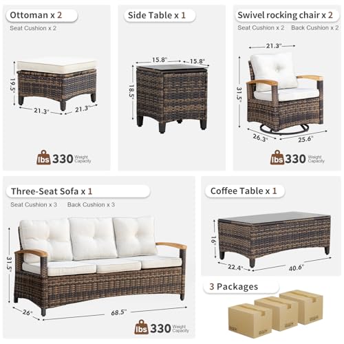 7 Pieces Patio Furniture Sets,PE Wicker Outdoor Furniture Conversation Sets with 2 Wood Armrests Swivel Rocker Chairs, 2 Ottoman, 3-seat Sofa and Coffee Table(Beige)
