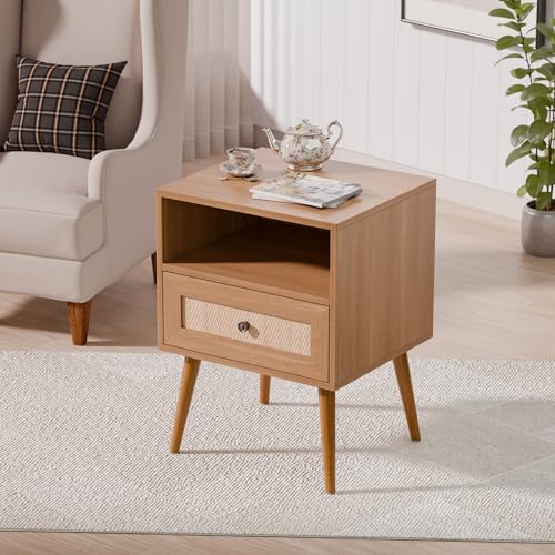 Modern Wicker Rattan Stand Set of 2, Rattan Stand with Drawer and Small Space, Wooden Side Table for Small Spaces, Natural Wood Bedside Table for Bedroom (no Charing Station, 2)
