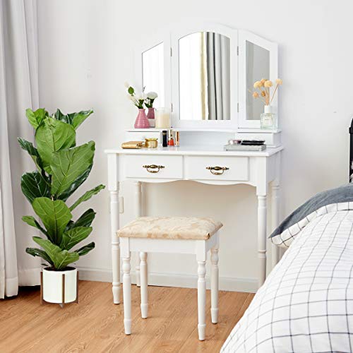 Vanity Set Makeup Table with Stool, Dressing Tables with 4 Drawers, Tri-Folding Mirror, Large Mirrored Room Vanity Desk for Bedroom Bathroom Padded Seat Chair Vanities, White
