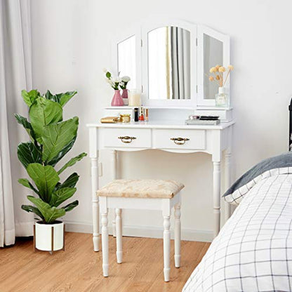 Vanity Set Makeup Table with Stool, Dressing Tables with 4 Drawers, Tri-Folding Mirror, Large Mirrored Room Vanity Desk for Bedroom Bathroom Padded Seat Chair Vanities, White