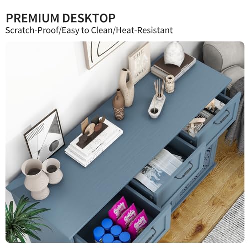 Blue 3 Doors 3 Drawers Buffet Sideboard Cabinet - Accent Cabinet with Adjustable Shelves，47 Inch Wide Wood Storage Cabinets for Dining Room,Living Room and Kitchen
