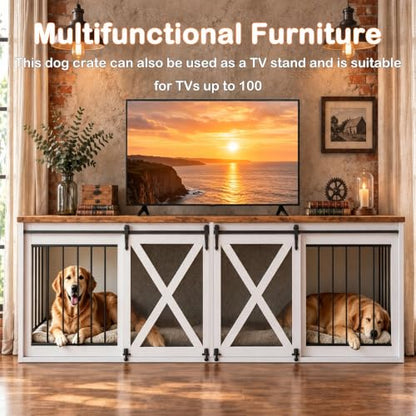 94.5in Double Dog Crate Furniture, Farmhouse Dog Kennel TV Stand, White, view 6